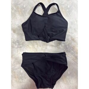 Girls Black Swimsuit Set, Crisscross Back Tankini, Knotted‎ High Waisted 6-7Y
